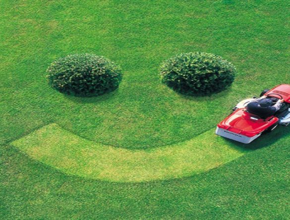 Man mowing lawn to show a smiley face consisting of two bushes