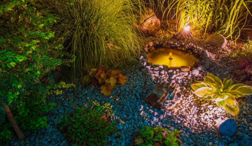 Illuminated Garden with Small Garden Pond. Backyard Illumination.